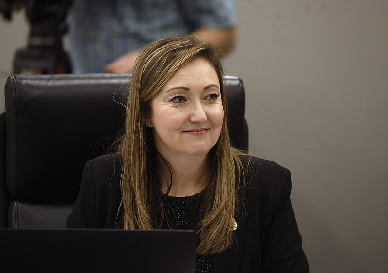 Corrections Secretary Lindsay Wallace listens to input from board members during a Board of Corrections meeting in North Little Rock in this Feb. 15, 2024 file photo. (Arkansas Democrat-Gazette/Thomas Metthe)