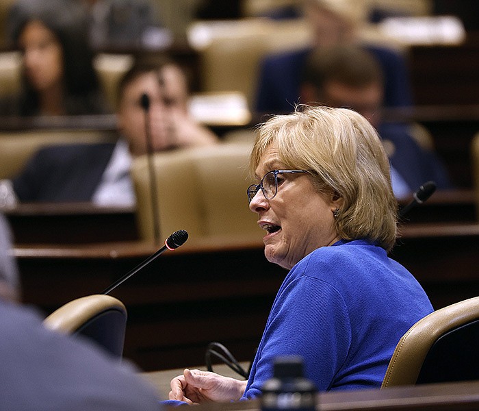 Arkansas PBS CEO Courtney Pledger (right) answers a question to legislators during the Joint Budget Committee hearing on Thursday, April 25, 2024, at the state Capitol in Little Rock. (Arkansas Democrat-Gazette/Thomas Metthe)