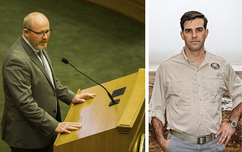 Arkansas state Rep. Jeff Wardlaw (left), R-Hermitage, and Austin Booth, director of the Arkansas Game and Fish Commission, are shown in these file photos from February 2022 and December 2021, respectively. (Left, Arkansas Democrat-Gazette/Stephen Swofford; right, Arkansas Democrat-Gazette/Cary Jenkins)