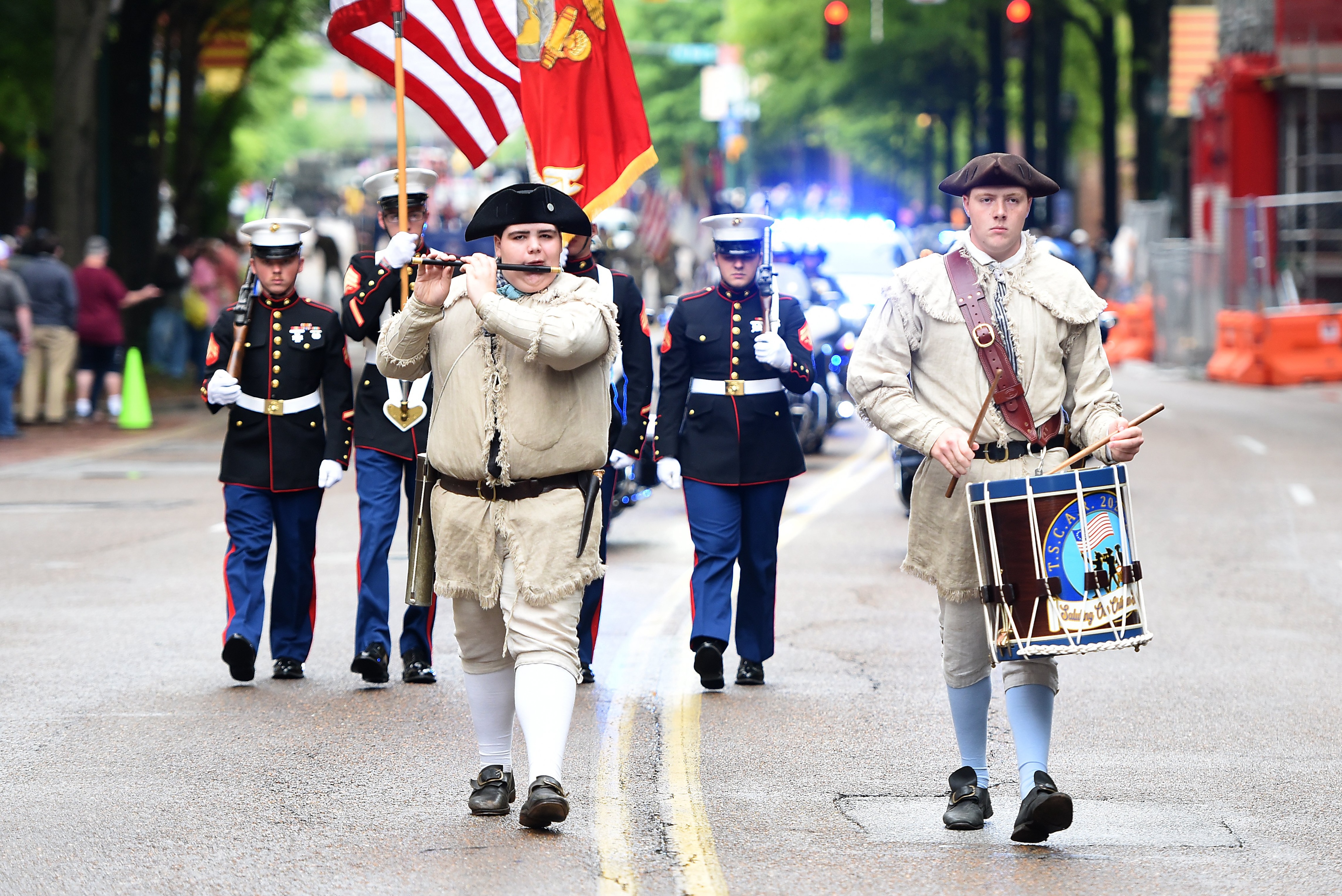Staff photo by Matt Hamilton/ Cohen Daniels, left, and Ivan Daniels, of Limestone, play the fife and drum to lead the 75th Armed Forces Day Parade on Friday, May 3, 2024.