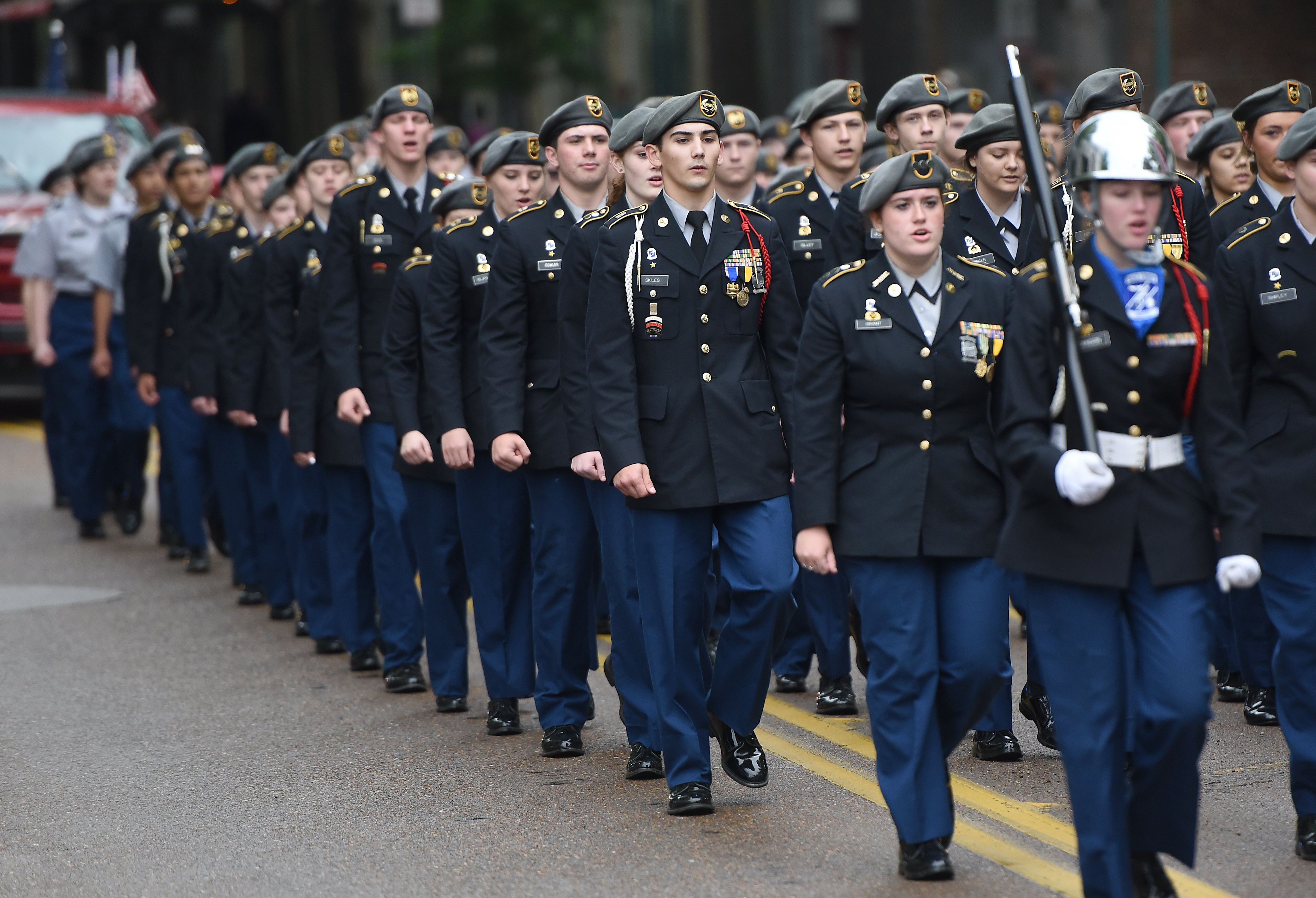 Staff photo by Matt Hamilton/ Members of the Sale Creek High School JROTC march on Market Street during the 75th Armed Forces Day Parade on Friday, May 3, 2024.