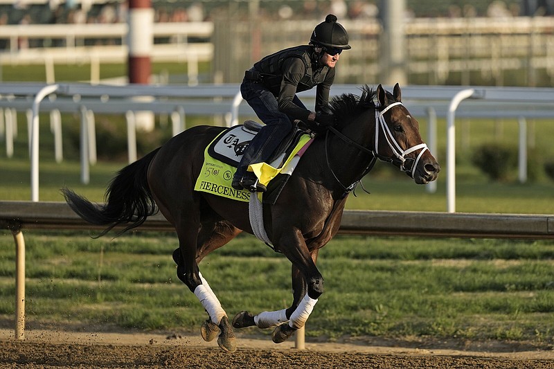 Fierceness, shown during a training session Monday at Churchill Downs in Louisville, Ky., will break from the No. 17 post when the 150th Kentucky Derby goes off at 5:57. p.m. Central today. No horse has ever won the race from that spot. More photos at arkansasonline.com/54derbyprep/.
(AP/Charlie Riedel)