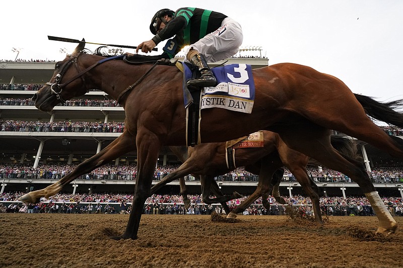 Brian Hernandez Jr. rides Mystik Dan across the finish line to win the 150th running of the Kentucky Derby horse race at Churchill Downs in Louisville, Ky., on Saturday, May 4, 2024. (AP/Jeff Roberson)