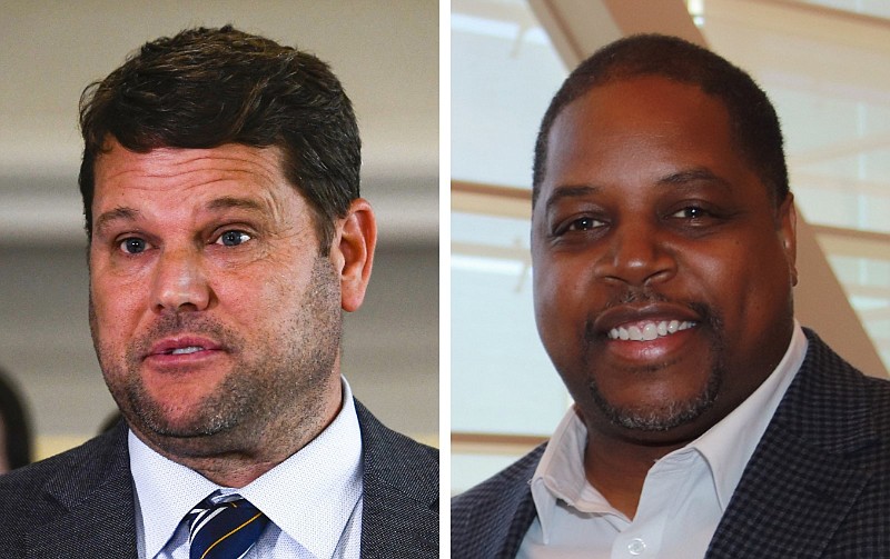 Arkansas Senate President Pro Tempore Bart Hester (left), R-Cave Springs, and former Arkansas gubernatorial candidate Chris Jones are shown in Little Rock in these photos taken in March 2024 and April 2024, respectively. (Left, Arkansas Democrat-Gazette/Stephen Swofford; right, Arkansas Democrat-Gazette/Helaine R. Williams)