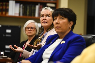 Artist Lakey Goff discusses the location of Arkansas’ proposed abortion monument during a meeting of the Capitol Arts and Grounds Commission in Little Rock on Tuesday, May 14, 2024...(Arkansas Democrat-Gazette/Stephen Swofford)