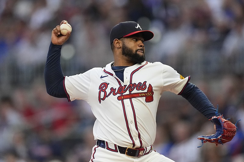 Atlanta Braves pitcher Reynaldo López delivers to a Chicago Cubs batter in the second inning of a baseball game Monday, May 13, 2024, in Atlanta. (AP Photo/John Bazemore)