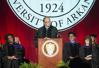 John Dan Kemp, chief justice of the Arkansas Supreme Court, speaks during the University of Arkansas at Fayetteville Law School commencement ceremony on Saturday, May 18, 2024. (NWA Democrat-Gazette/J.T. Wampler)
