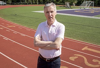 Frank O'Mara on 04/24/2024 at Catholic High School track for High Profile cover story. .(Arkansas Democrat-Gazette/Cary Jenkins)..DO NOT USE UNTIL AFTER PUBLICATION IN HIGH PROFILE