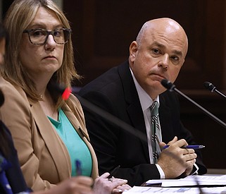 Shea Lewis (right), secretary of the Arkansas Department of Parks, Heritage and Tourism and Jami Fisher, the department’s chief financial officer, listen to questions during the Legislative Council’s meeting in Little Rock on Friday.
(Arkansas Democrat-Gazette/Thomas Metthe)