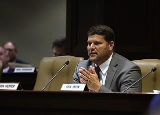 Arkansas state Sen. Bart Hester, R-Cave Springs, asks a question during the Arkansas Legislative Council meeting in Little Rock on Friday, May 31, 2024. Hester told state education officials during the meeting that he heard Bloomington, Ind.-based Student First Technologies had 10 employees, compared with roughly 300 at ClassWallet, the vendor for the first year of Arkansas’ student voucher system. (Arkansas Democrat-Gazette/Thomas Metthe)