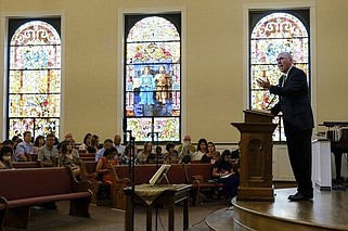 Bart Barber, president of the Southern Baptist Convention, preaches at First Baptist Church in Farmersville, Texas, in 2022. The Lake City native has asked members of his flock not to discuss politics during Sunday School classes between now and Election Day.
(AP/Audrey Jackson)