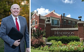 Trey Berry, the chancellor of Henderson State University, is shown alongside the campus in Arkadelphia in these undated file photos. (Left, special to the Democrat-Gazette/Steve Fellers; right, courtesy photo)