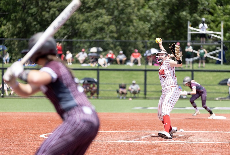 Mansfield pitcher Alyson Edwards throws a pitch against Riverside during class 2a softball state championship Saturday May 18, 2024, at Shock Stadium in Conway. More photos at arkansasonline.com/519class3abaseballstatechamp. (Arkansas Democrat-Gazette/Justin Cunningham)