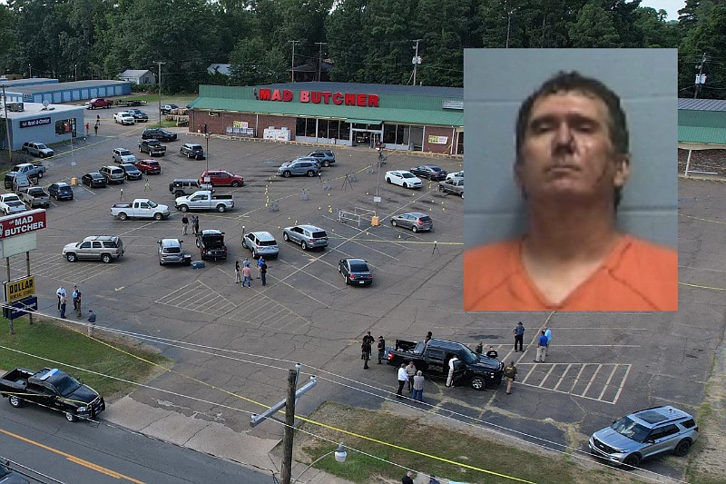 Travis Eugene Posey (inset), 44, of New Edinburg in Cleveland County is shown in a booking photo released Friday, June 21, 2024. Posey was arrested after a mass shooting at the Mad Butcher grocery store in Fordyce, where evidence markers and police tape can be seen in the parking lot as law enforcement officers work the scene Friday. (Main, Arkansas Democrat-Gazette/Colin Murphey; inset, Ouachita County sheriff's office courtesy photo)