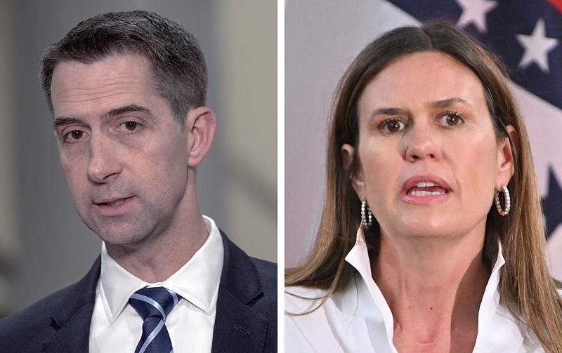 U.S. Sen. Tom Cotton (left), R-Ark., and Arkansas Gov. Sarah Huckabee Sanders are shown in these 2024 file photos. (Left, AP/Mariam Zuhaib; right, Arkansas Democrat-Gazette/Staci Vandagriff)