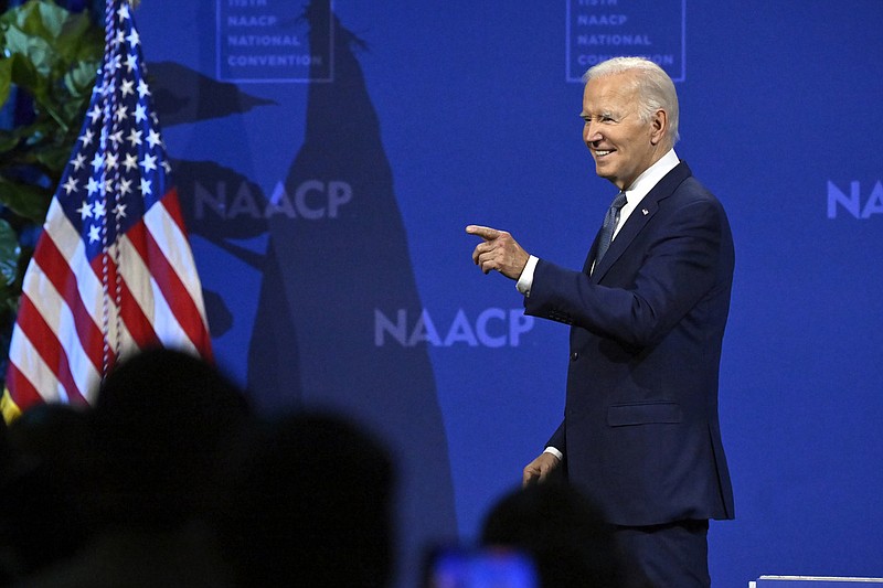 President Joe Biden gestures after speaking at the NAACP national convention on Tuesday, July 16, 2024, in Las Vegas. (AP Photo/David Becker)