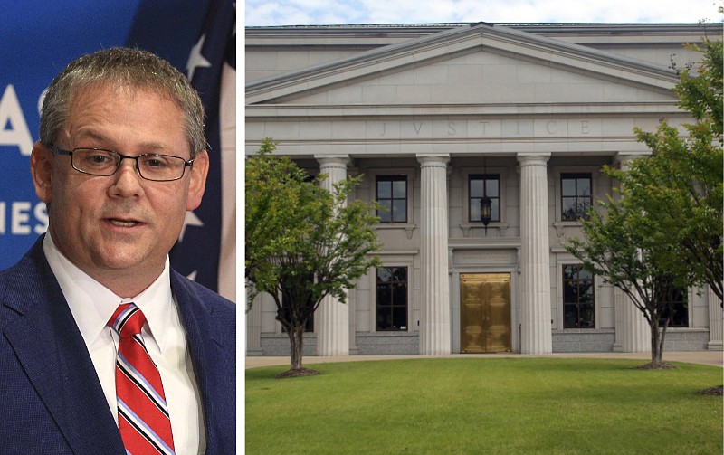 At left, Arkansas Secretary of State John Thurston speaks at the state Capitol in this July 2, 2020, file photo. At right, the Arkansas state Supreme Court building in Little Rock is shown in an undated file photo. (Left, Arkansas Democrat-Gazette/Staton Breidenthal; right, Arkansas Democrat-Gazette file photo)