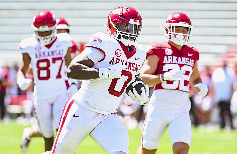 University of Arkansas freshman running back Braylen Russell was a January enrollee, which allowed him to get an early feel for collegiate life. “At first, things were tough,” Russell said. “Leaving high school early, there’s an adjustment period. So coming in, I didn’t really know what was expected of me, and that was kind of rough.”
(NWA Democrat-Gazette/Charlie Kaijo)