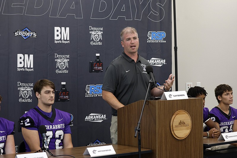 Lonoke Coach Clay Bemberg talks about the Jackrabbits’ team during the Big Miller high school football media days Thursday in Little Rock.
(Arkansas Democrat-Gazette/Thomas Metthe)