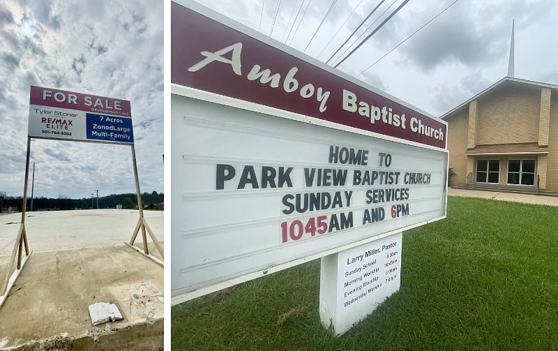 At left, little remains of the old Park View Baptist Church building in North Little Rock after a tornado hit it on March 31, 2023. At right, the former Amboy Baptist Church building in North Little Rock is shown on July 14, 2024. Amboy Baptist dissolved earlier this year and gave its building to Park View Baptist Church, a nearby congregation that was left homeless by the tornado. (Arkansas Democrat-Gazette/Frank E. Lockwood)