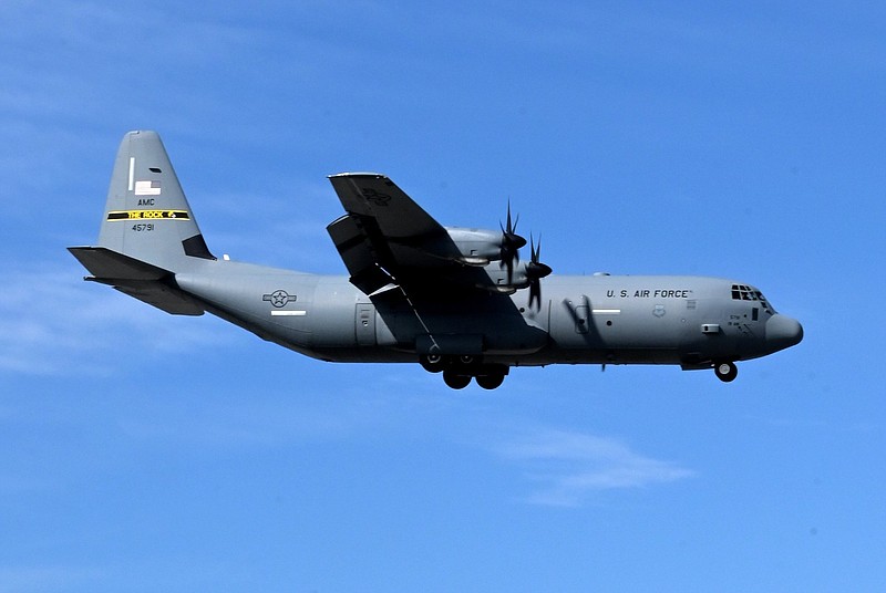 A C-130 performs touch-and-go landings in Little Rock in this Feb. 19, 2020, file photo. (Arkansas Democrat-Gazette/Stephen Swofford)