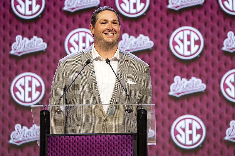 Mississippi State head football coach Jeff Lebby speaks during the Southeastern Conference NCAA college football media days, Wednesday, July 17, 2024, in Dallas. (AP Photo/Jeffrey McWhorter)