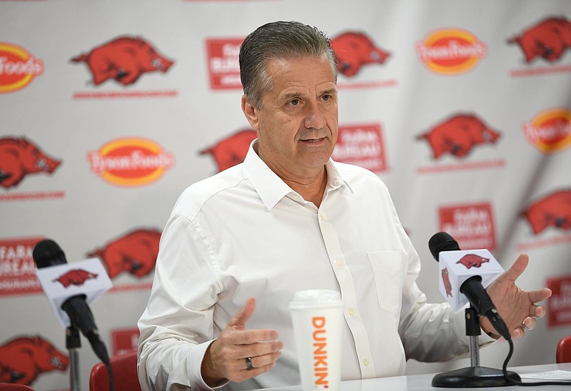 Arkansas coach John Calipari speaks Monday, July 29, 2024, during a press conference inside Bud Walton Arena in Fayetteville. Visit nwaonline.com/photo for today's photo gallery..(NWA Democrat-Gazette/Andy Shupe)