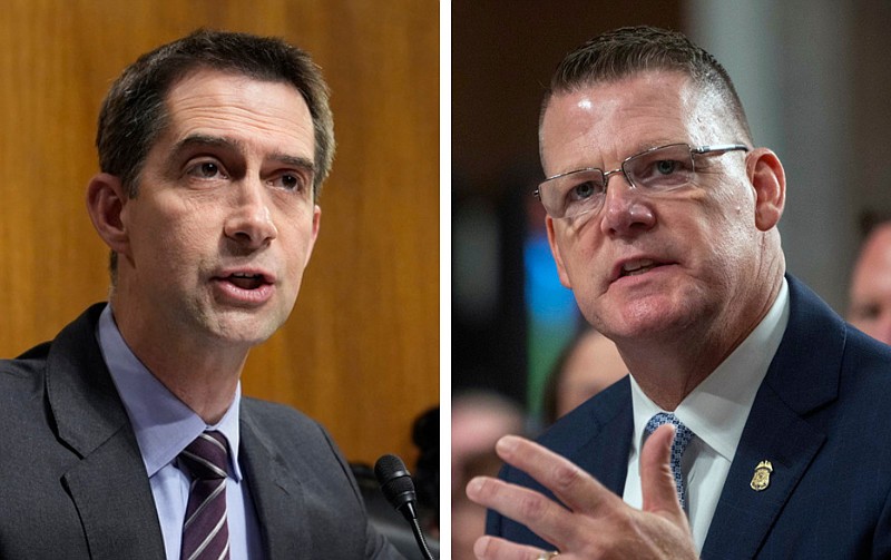 U.S. Sen. Tom Cotton (left), R-Ark., and U.S. Secret Service Acting Director Ronald Rowe are shown during hearings on Capitol Hill in Washington in these photos taken May 21, 2024, and July 30, 2024, respectively. (Left, AP/Susan Walsh; right, AP/Kevin Wolf)