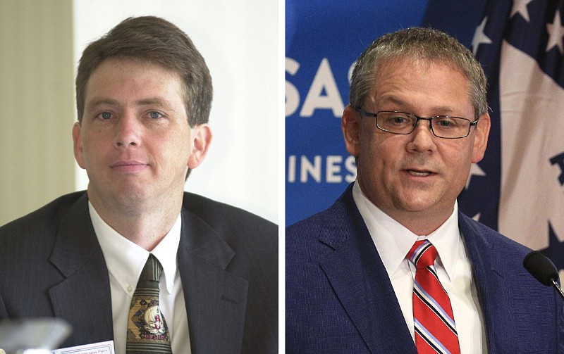 Then-Arkansas lawyer Oscar Stilley (left) and Arkansas Secretary of State John Thurston are shown in Little Rock in these file photos from May 2001 and July 2020, respectively. (Arkansas Democrat-Gazette file photos)