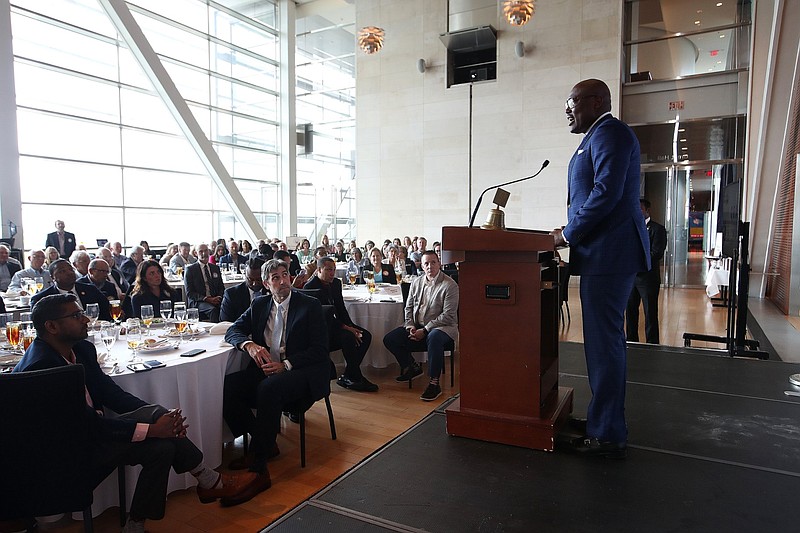 Little Rock Mayor Frank Scott Jr. talks to the Rotary Club of Little Rock for a State of the City update on Tuesday, July 30, 2024, at the Clinton Presidential Center in Little Rock. (Arkansas Democrat-Gazette/Thomas Metthe)