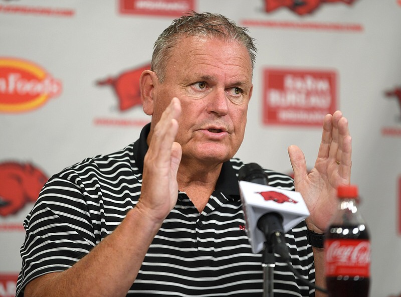 Arkansas coach Sam Pittman speaks Tuesday, July 30, 2024, inside the Frank Broyles Athletic Center on the University of Arkansas campus in Fayetteville. Visit nwaonline.com/photo for today's photo gallery..(NWA Democrat-Gazette/Andy Shupe)