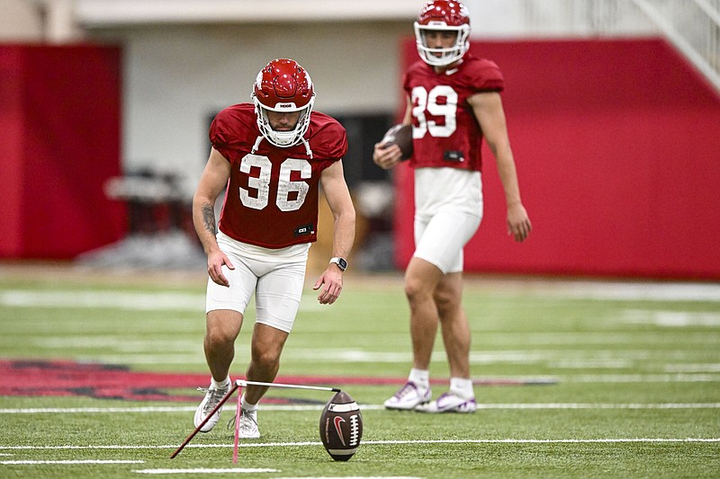 Arkansas kickers Matthew Shipley (36) and Kyle Ramsey (39) practice, Friday, Aug. 2, 2024, during the Razorbacks' third preseason practice at the Walker Pavilion in Fayetteville. Visit nwaonline.com/photo for today's photo gallery..(NWA Democrat-Gazette/Hank Layton)