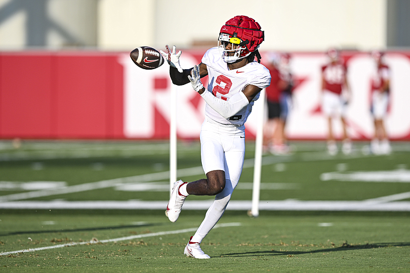 Arkansas wide receiver Andrew Armstrong (2) catches a pass, Saturday, Aug. 3, 2024, during the Razorbacks' fourth preseason practice at the Walker Pavilion in Fayetteville. (Hank Layton/NWA Democrat-Gazette)