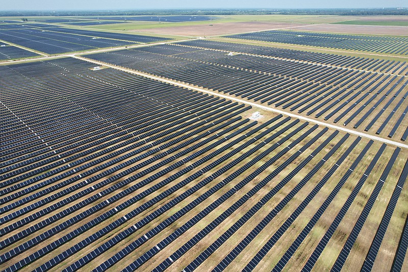 An aerial view of Newport Solar, a newly-opened solar farm in Jackson County. The 180 megawatt facility began operations in October but officially opened on Thursday, Aug. 15, 2024 (Arkansas Democrat-Gazette/Parker Mancino).