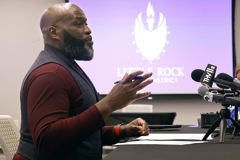 Little Rock School District Superintendent Jermall Wright meets with the media at the LRSD headquarters in this May 30, 2024, file photo. (Arkansas Democrat-Gazette/Thomas Metthe)