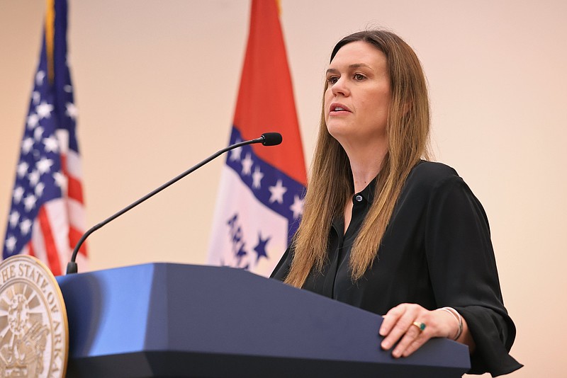 Gov. Sarah Huckabee Sanders speaks during a news conference in Little Rock on Monday, May 6, 2024. (Arkansas Democrat-Gazette/Colin Murphey)