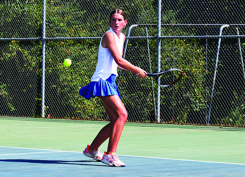 Parkers Chapel's Tatum Watson returns a backhand in action this season. Watson will compete in girls singles at the 2A State Tennis Tournament, beginning Monday at Creekmore Park in Fort Smith.