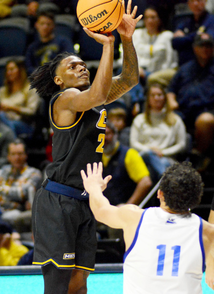 Staff Photo by Robin Rudd / UTC’s Trey Bonham (2) hits a three point shot. The University of Tennessee at Chattanooga Mocs hosted the Tennessee Wesleyan Bulldogs at McKenzie Arena on December 18, 2024.