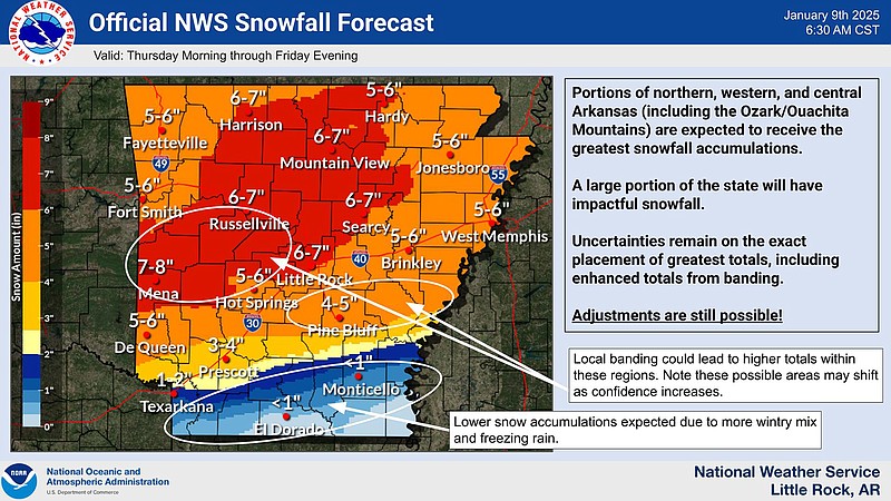 This image shows projected snowfall amounts across Arkansas through Friday (Courtesy National Weather Service Little Rock)