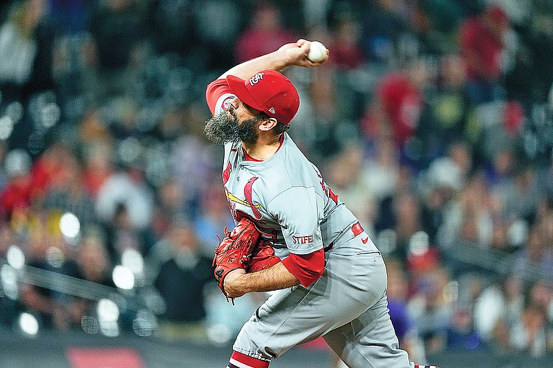 In this Sept. 24, 2024, file photo, Andrew Kittredge throws a pitch for the Cardinals during a game against the Rockies in Denver. (Associated Press)