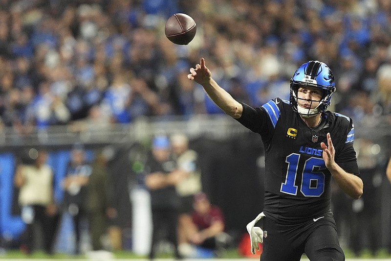 Detroit Lions quarterback Jared Goff passes during the second half of an NFL football game against the Minnesota Vikings at Ford Field in Detroit Monday, Jan. 6, 2025. (AP Photo/Charlie Riedel)