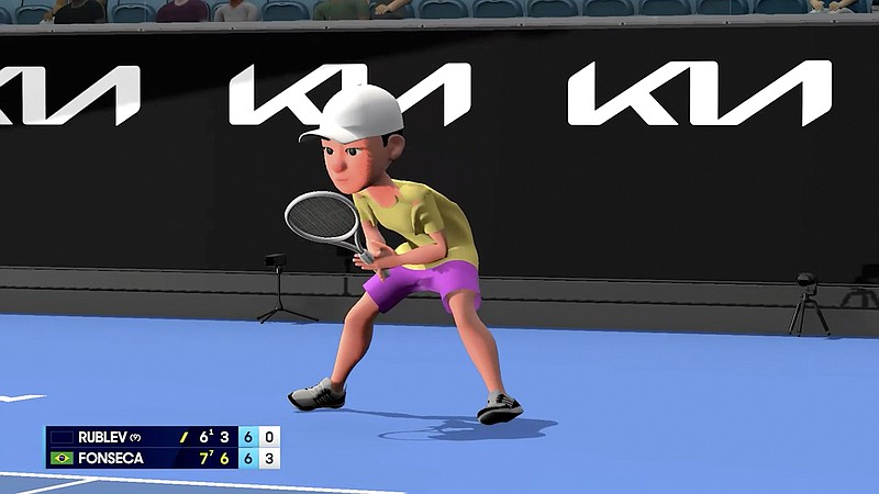 This image made from animation and provided by Tennis Australia shows Brazil's Joao Fonseca during his first round match against Russia's Andrey Rublev in an animation form at the Australian Open tennis championship in Melbourne, Australia, Tuesday, Jan. 14, 2025. (Tennis Australia via AP)