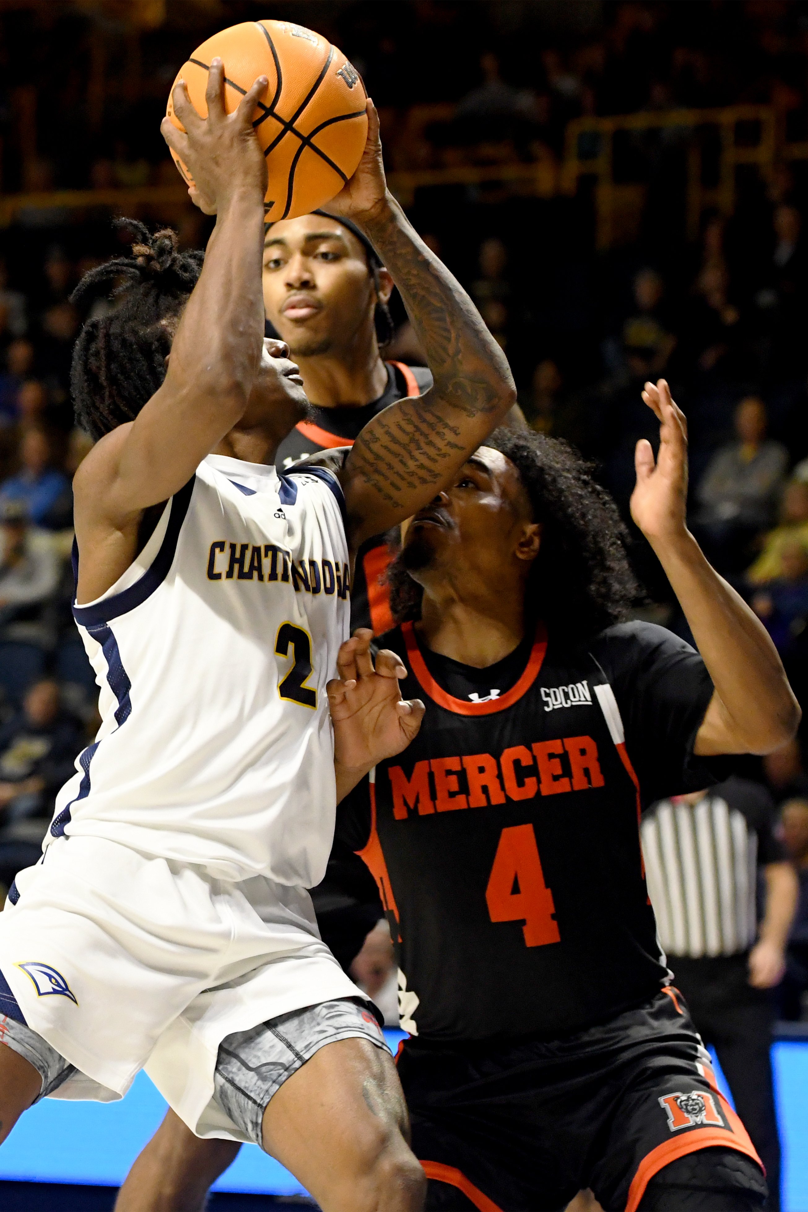 Staff photo by Abby White / Trey Bonham, 2, makes a two point shot for UTC. The University of Tennessee at Chattanooga Men’s Basketball team played Mercer on Saturday, February 1, 2025 in McKenzie Arena.