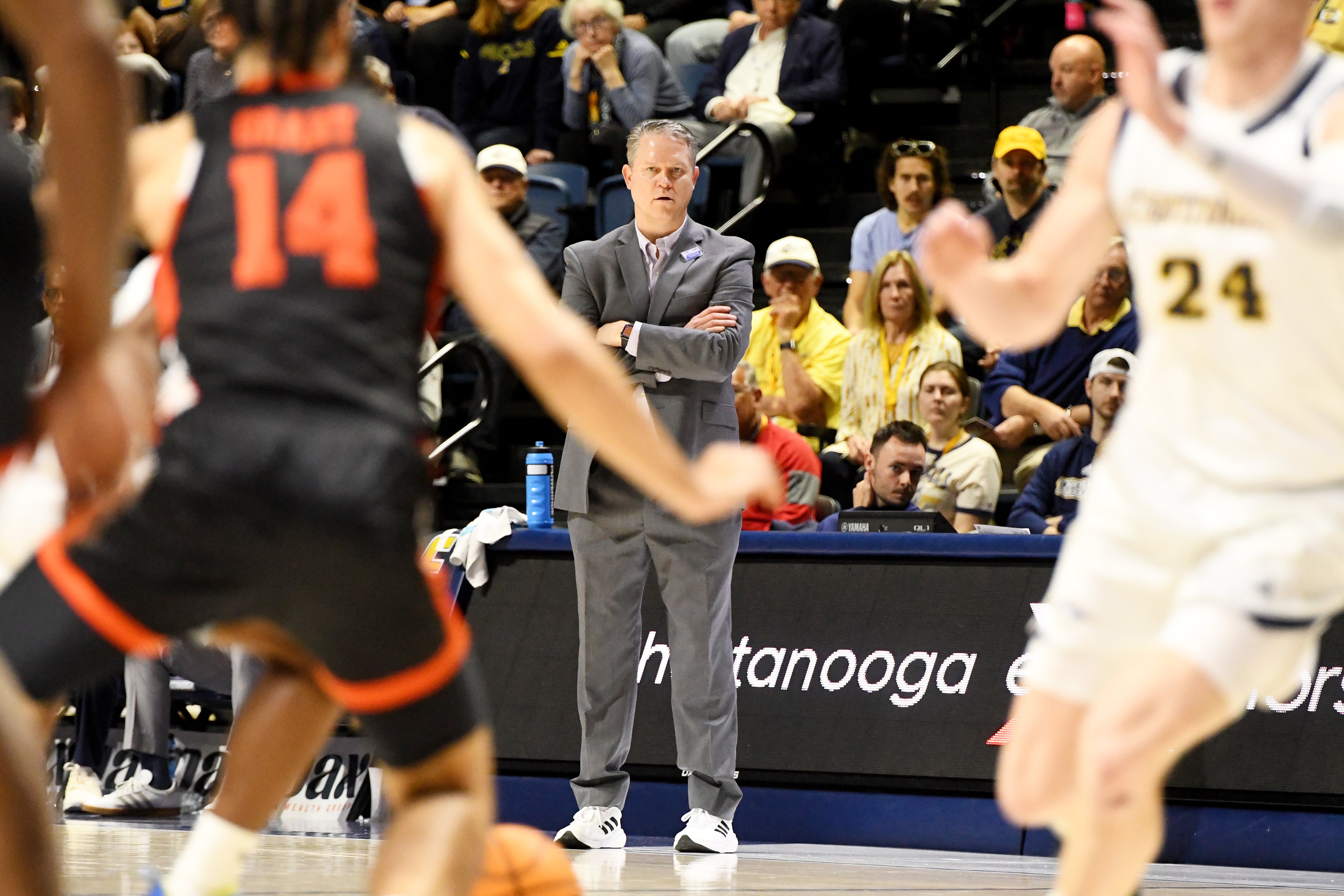 Staff photo by Abby White / UTC Men’s Basketball Head Coach Dan Earl coaches from the sideline. The University of Tennessee at Chattanooga Men’s Basketball team played Mercer on Saturday, February 1, 2025 in McKenzie Arena.