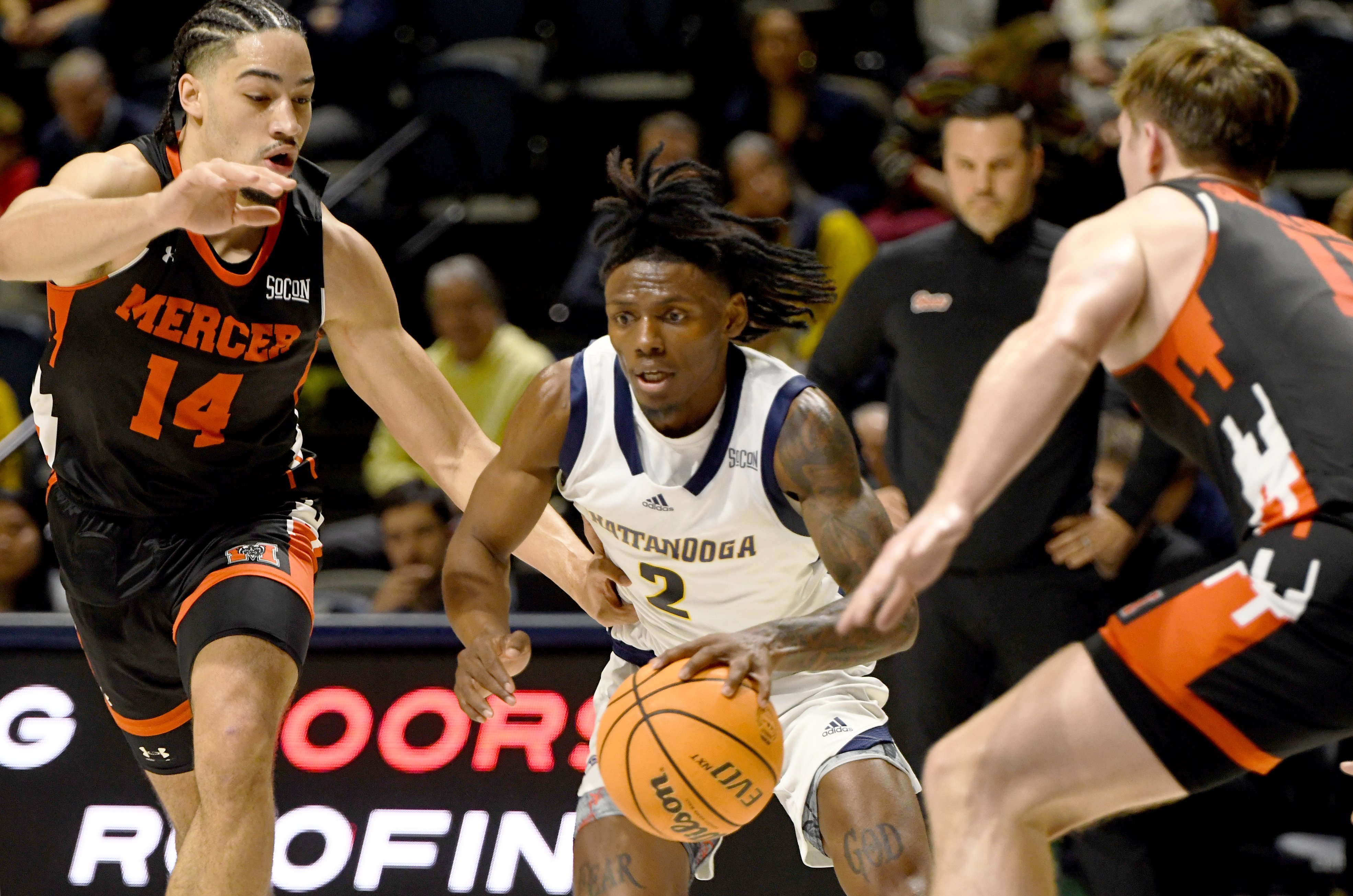 Staff photo by Abby White / Trey Bonham, 2, pushes through Mercer defense. The University of Tennessee at Chattanooga Men’s Basketball team played Mercer on Saturday, February 1, 2025 in McKenzie Arena.