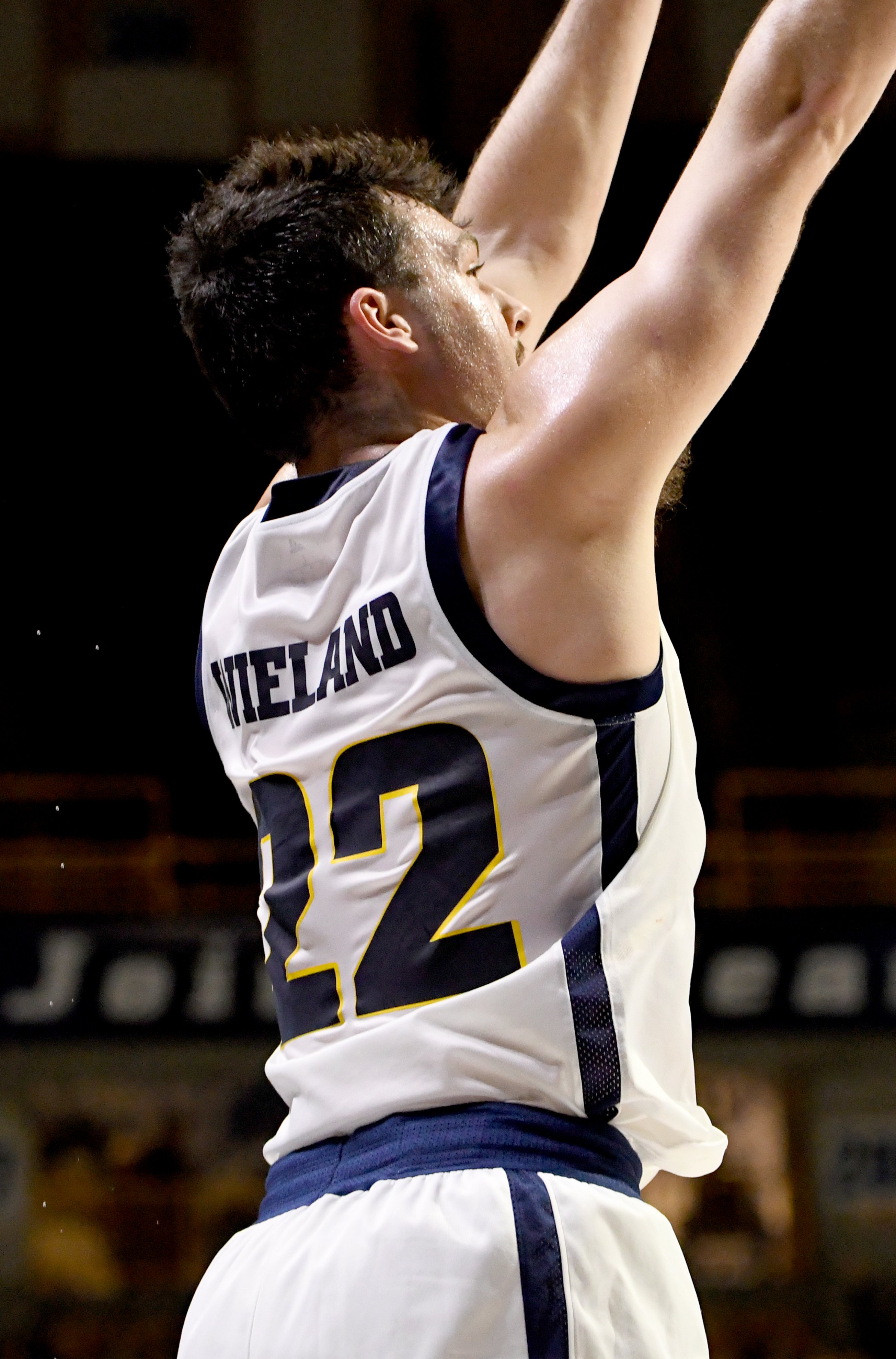 Staff photo by Abby White / Bash Wieland, 22, makes a three point shot for UTC. The University of Tennessee at Chattanooga Men’s Basketball team played Mercer on Saturday, February 1, 2025 in McKenzie Arena.