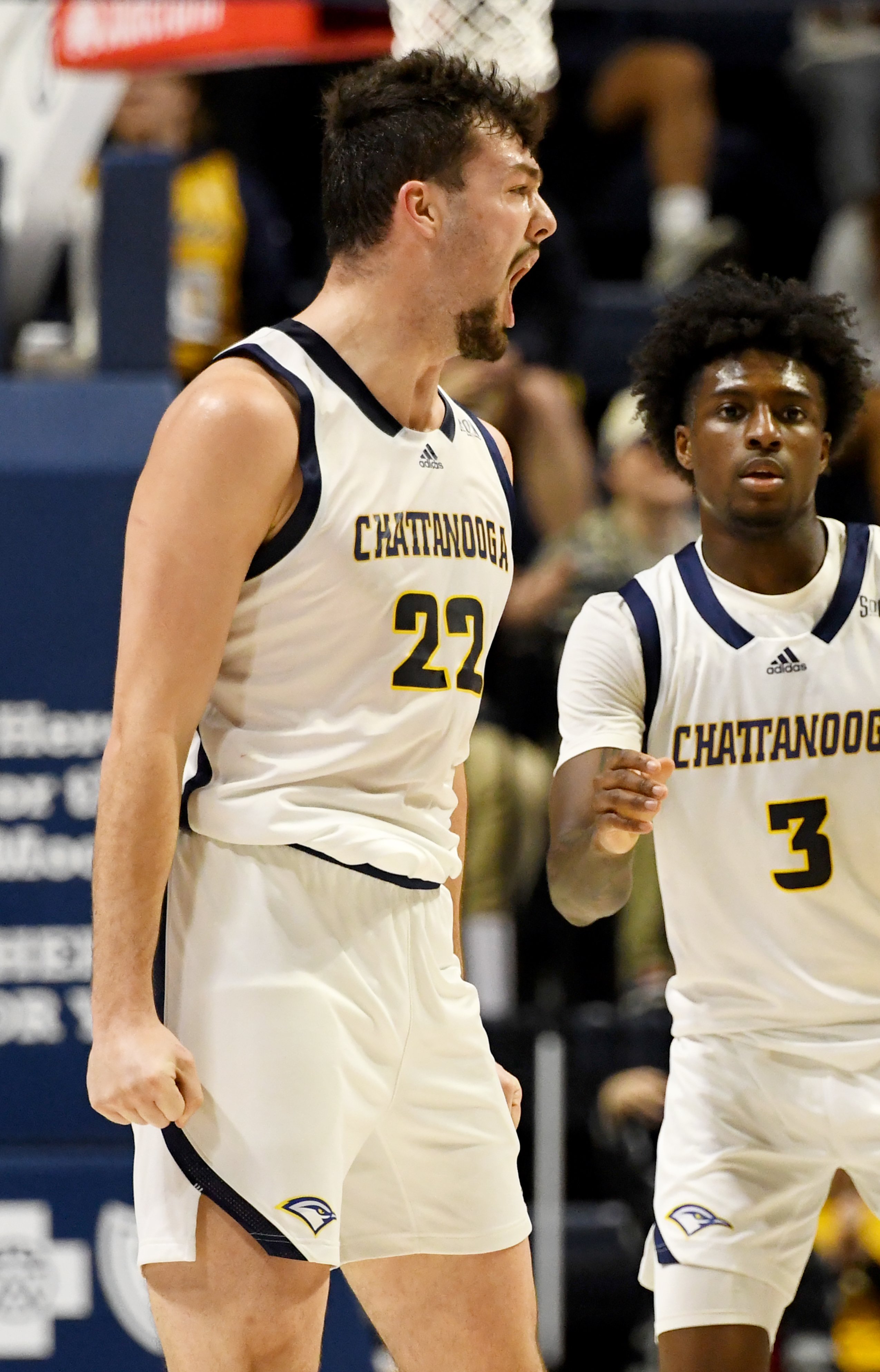 Staff photo by Abby White / Bash Wieland, 22, celebrates his three point shot. The University of Tennessee at Chattanooga Men’s Basketball team played Mercer on Saturday, February 1, 2025 in McKenzie Arena.