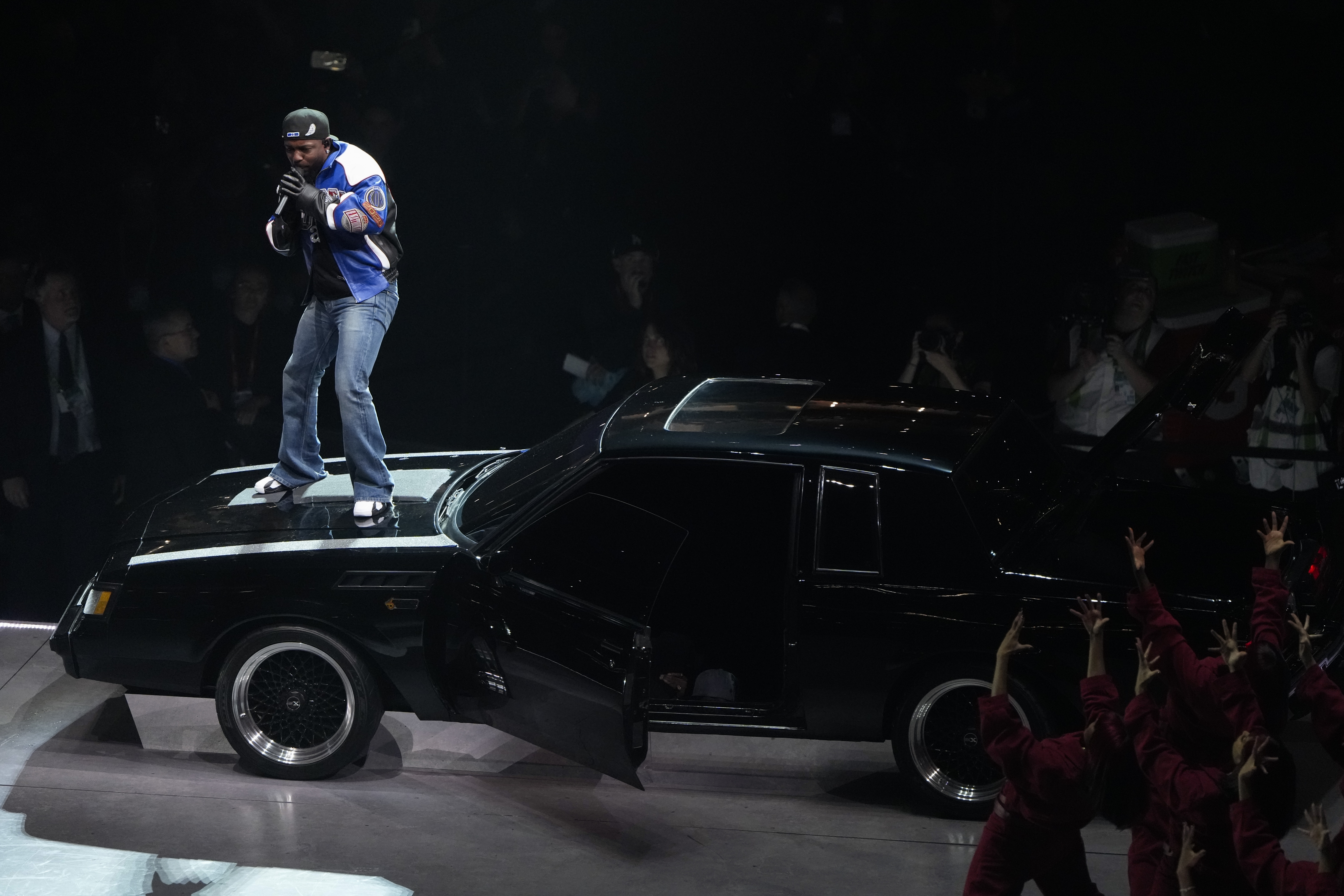 Kendrick Lamar performs during halftime of the NFL Super Bowl 59 football game between the Kansas City Chiefs and the Philadelphia Eagles, Sunday, Feb. 9, 2025, in New Orleans. (AP Photo/Charlie Riedel)