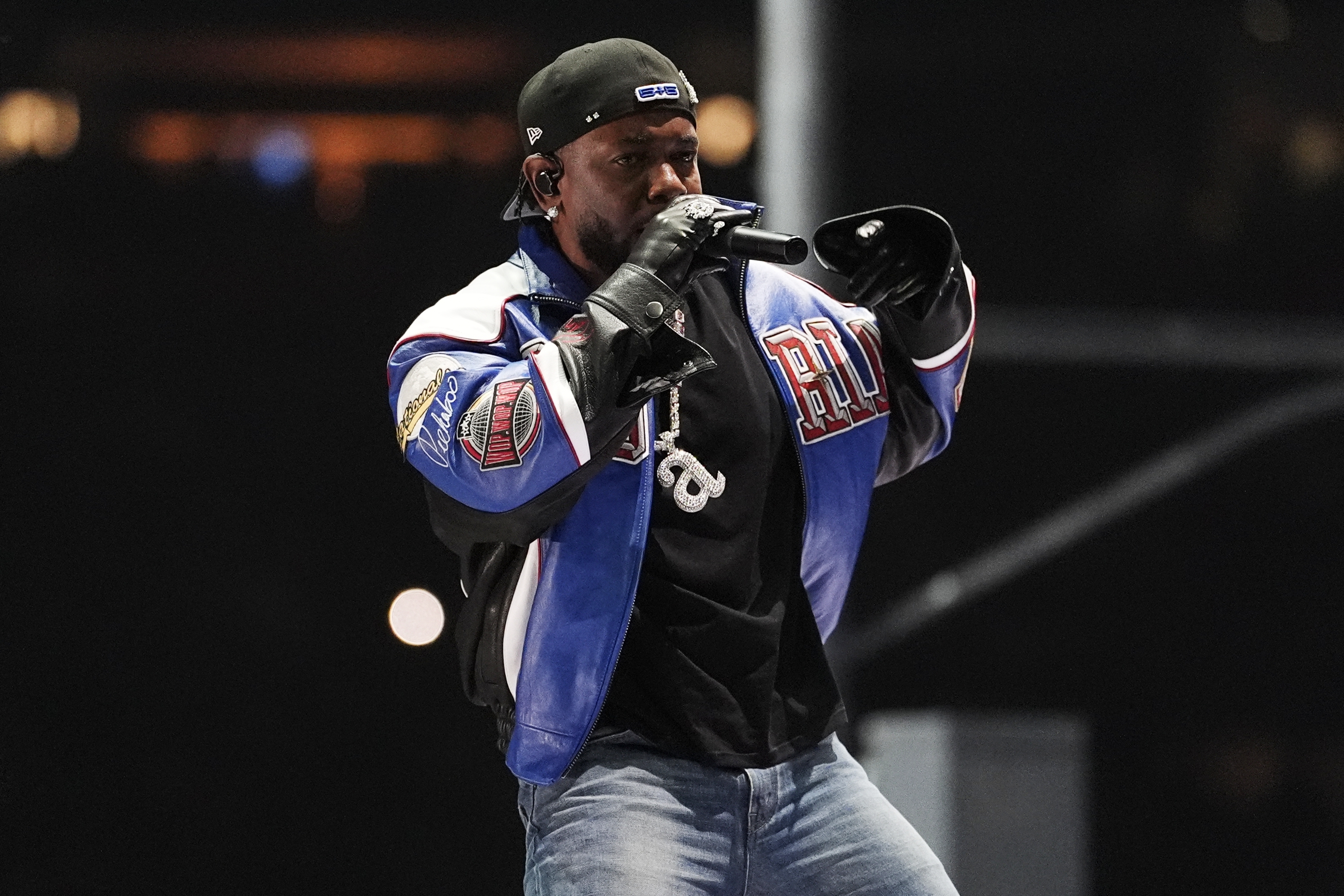 Kendrick Lamar performs during halftime of the NFL Super Bowl 59 football game between the Kansas City Chiefs and the Philadelphia Eagles, Sunday, Feb. 9, 2025, in New Orleans. (AP Photo/Brynn Anderson)