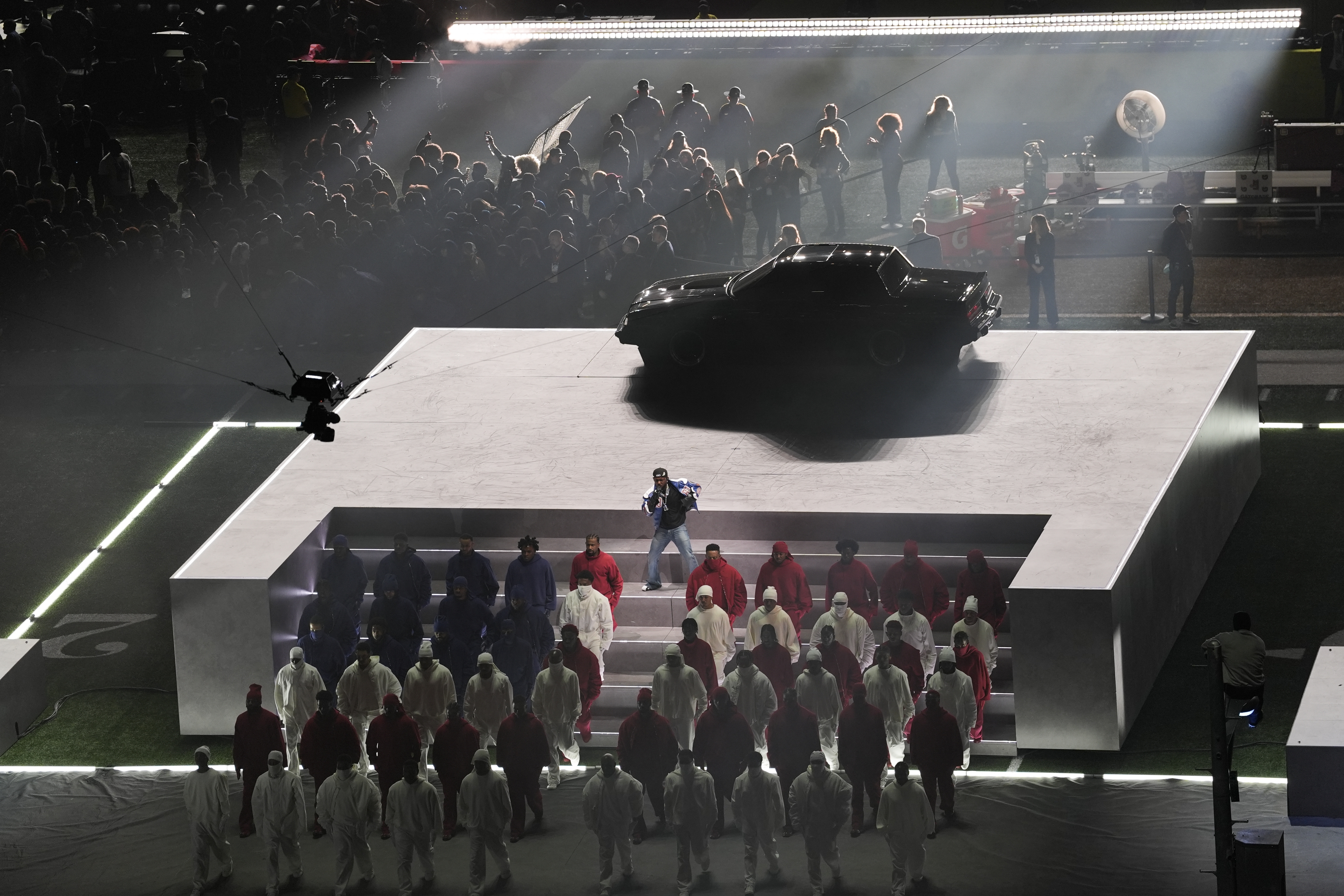 Kendrick Lamar performs during halftime of the NFL Super Bowl 59 football game between the Kansas City Chiefs and the Philadelphia Eagles, Sunday, Feb. 9, 2025, in New Orleans. (AP Photo/Charlie Riedel)